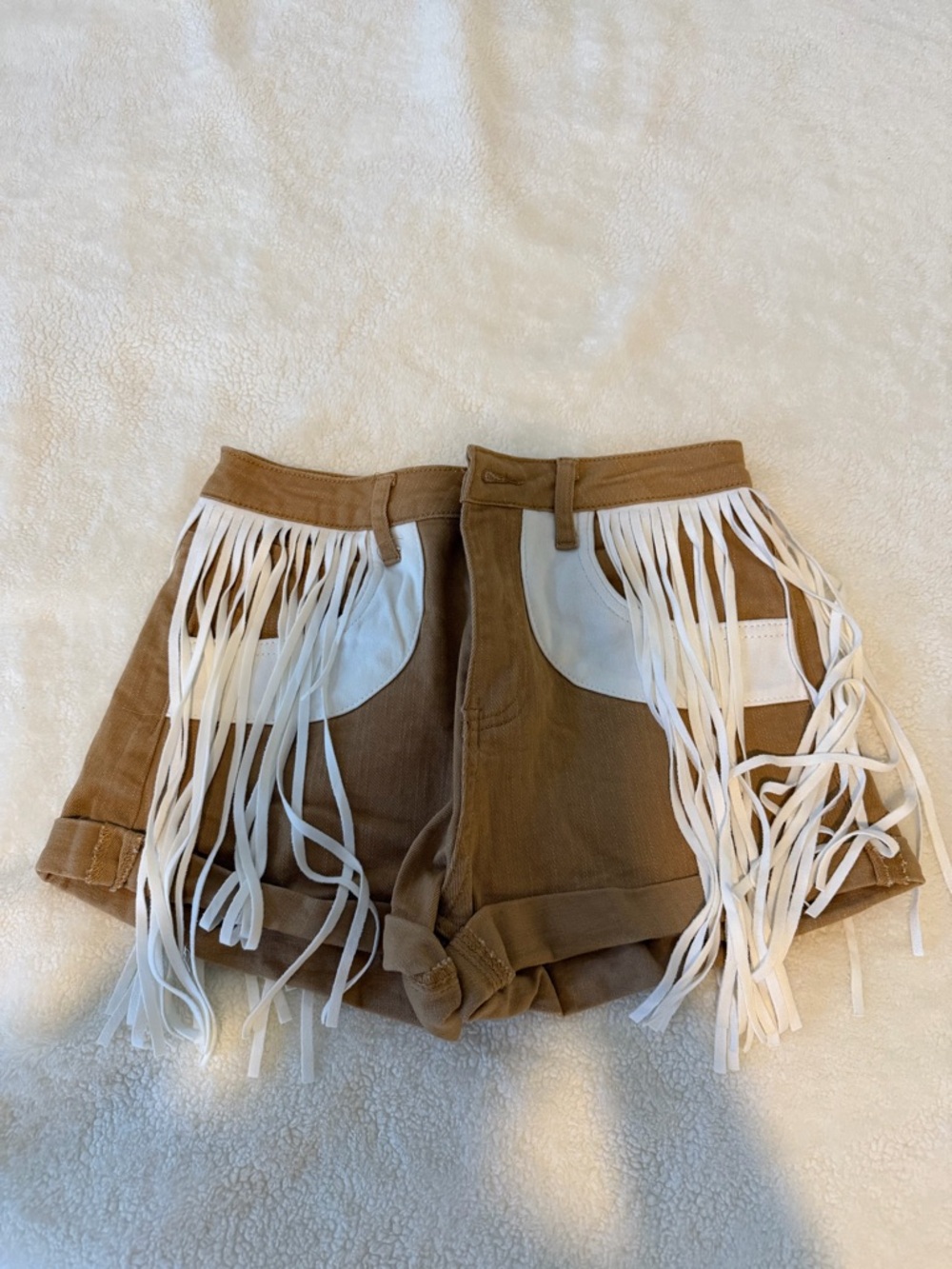 Fringe Detail Cotton Jean Shorts - Brown with White Accents